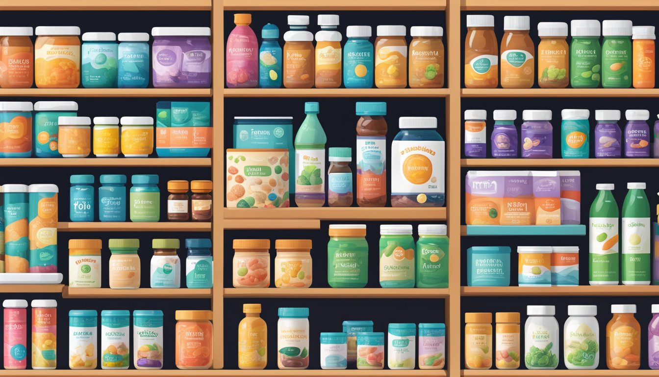 A diverse array of probiotic and prebiotic brands are displayed on shelves, with colorful packaging and clear labels. The products are arranged neatly, showcasing a variety of shapes and sizes