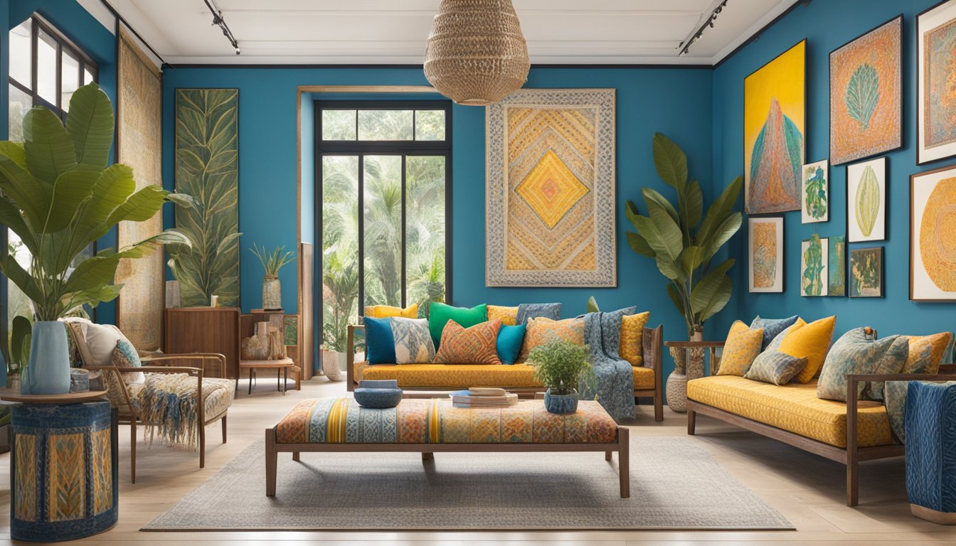 Vibrant textiles and intricate patterns fill a spacious, well-lit showroom, showcasing Raw Mango's diverse collections