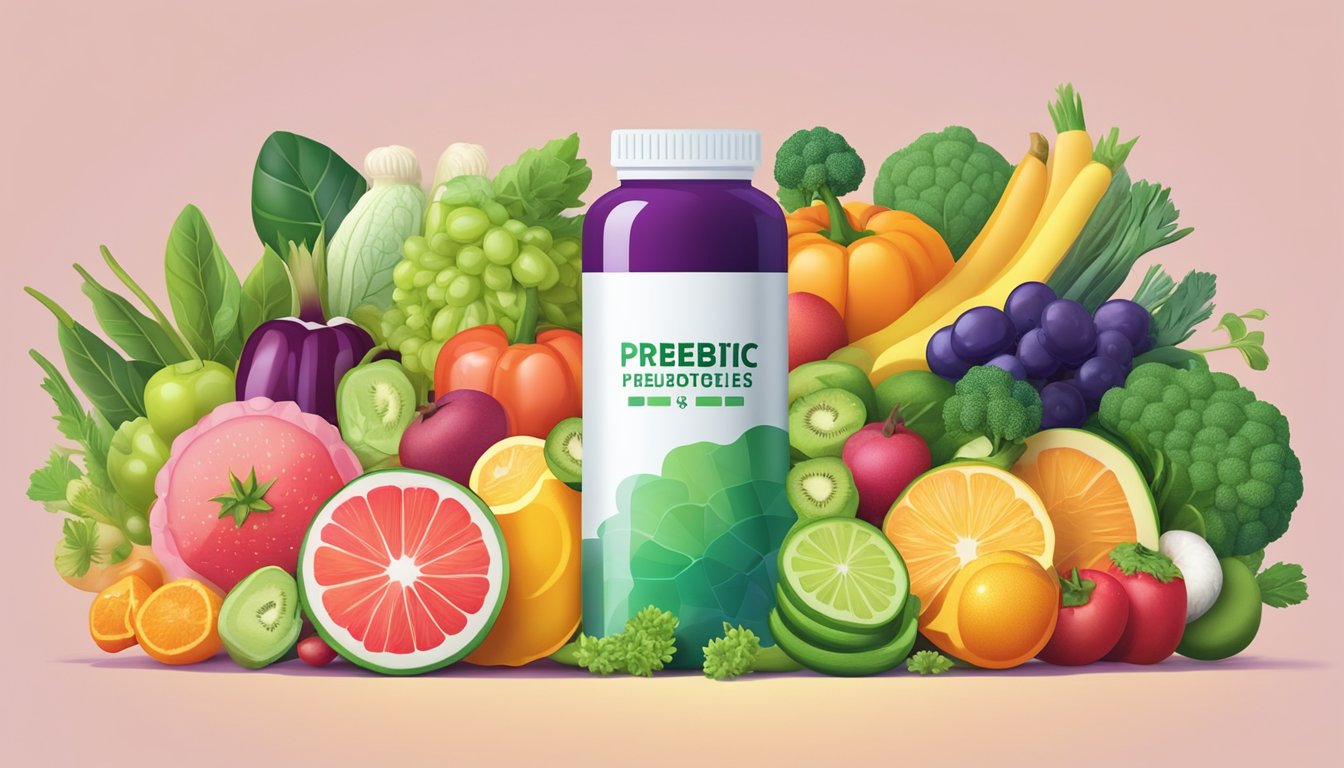 A colorful array of fresh fruits and vegetables arranged around a bottle of prebiotic supplements, with a glowing gut symbol in the background