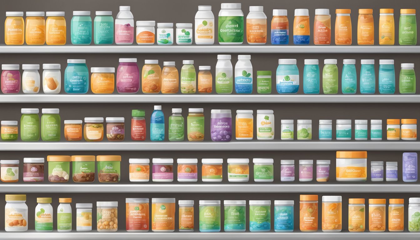A variety of pre and probiotic products displayed on shelves with clear brand names and labels. Bright and inviting packaging with informative details