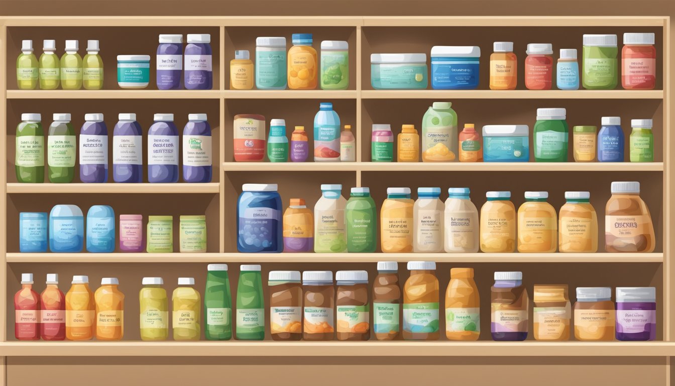 A variety of pre and probiotic products arranged on shelves with labels indicating different life stages, such as infants, children, adults, and seniors