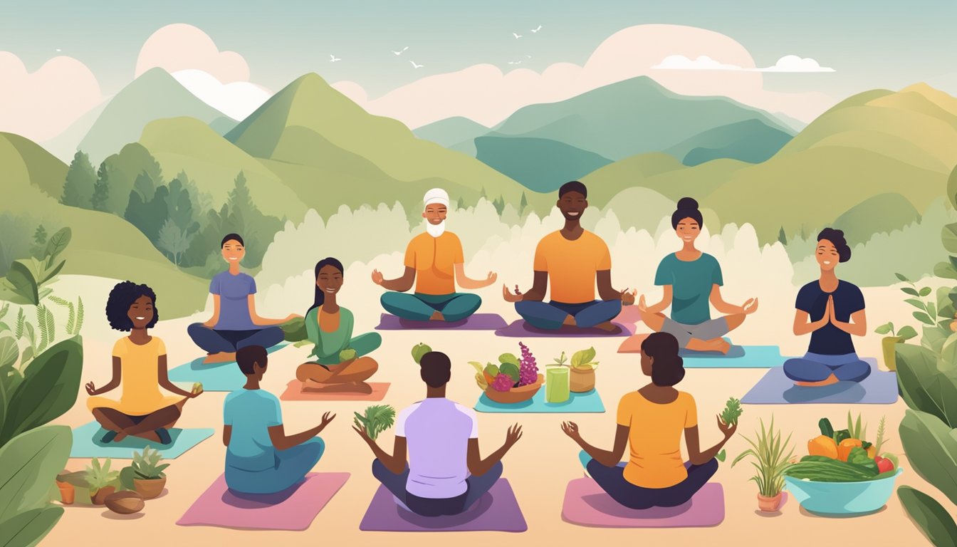 A diverse group of people engage in various activities like yoga, hiking, and cooking, while enjoying the benefits of prebiotics in their daily lives