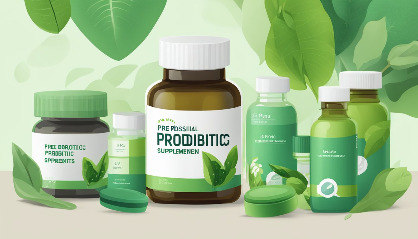 A stack of FAQ cards with "Pre Probiotics" branding, surrounded by green leaves and a bottle of probiotic supplements