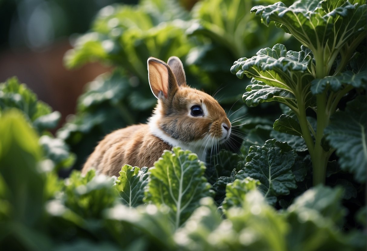 A mischievous rabbit nibbles on the vibrant green leaves of a kale plant in a lush garden