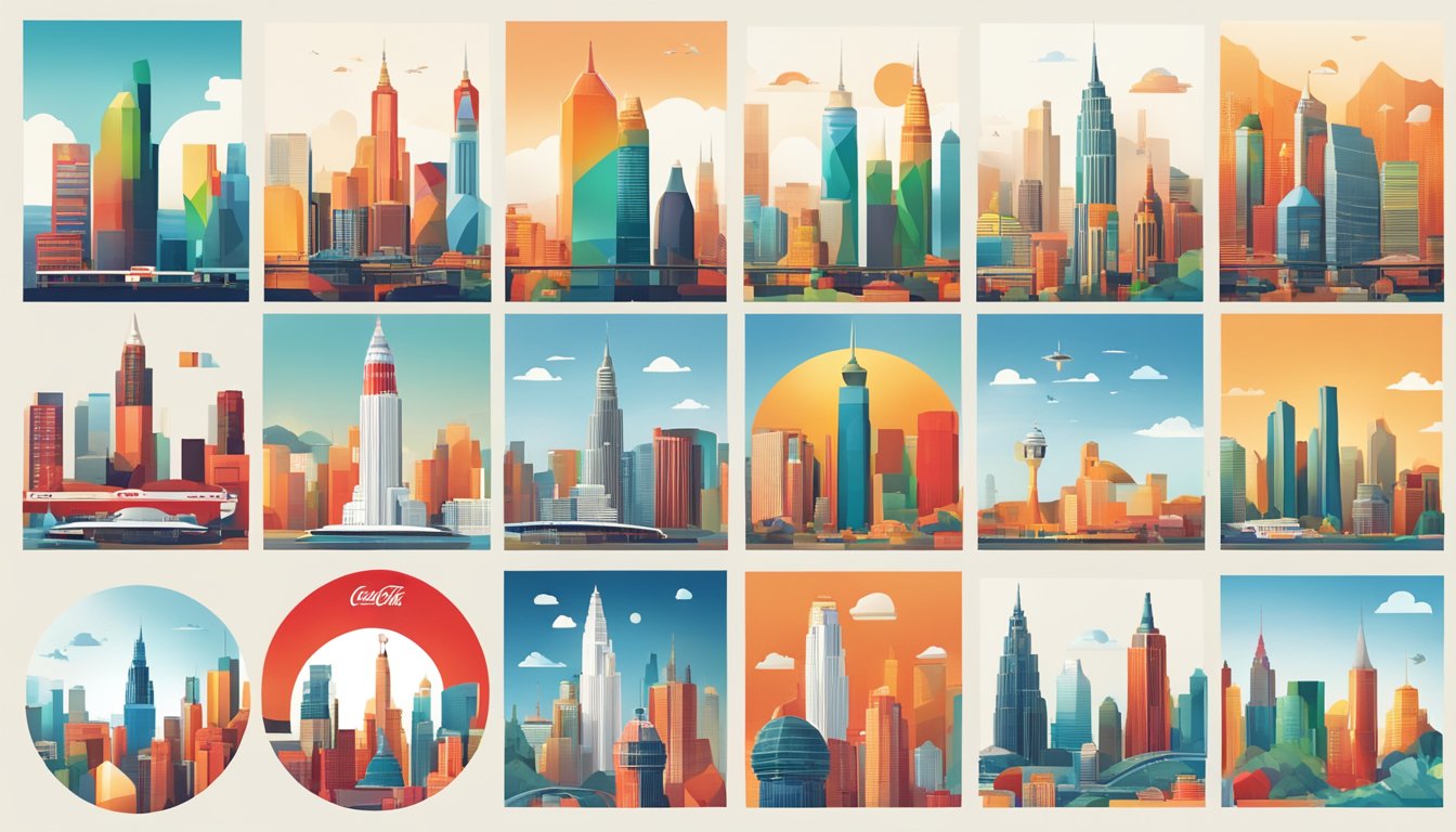 Iconic logos fill the skyline, from Coca-Cola to Apple, symbolizing innovation and global impact