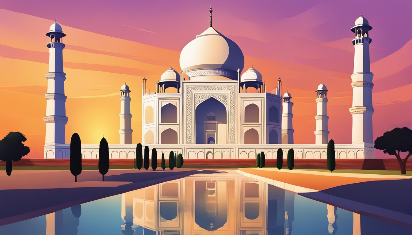 The iconic Taj Mahal stands majestically against a vibrant sunset, with its intricate domes and minarets casting dramatic shadows