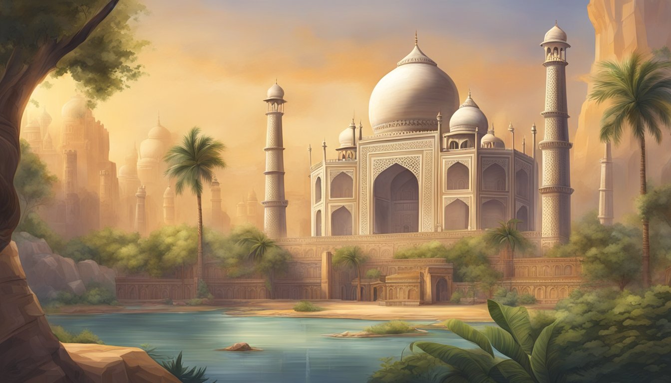 The scene depicts ancient ruins with intricate carvings, symbolizing the history and legacy of Taj brands. The architecture and design reflect the grandeur and cultural significance of the brand