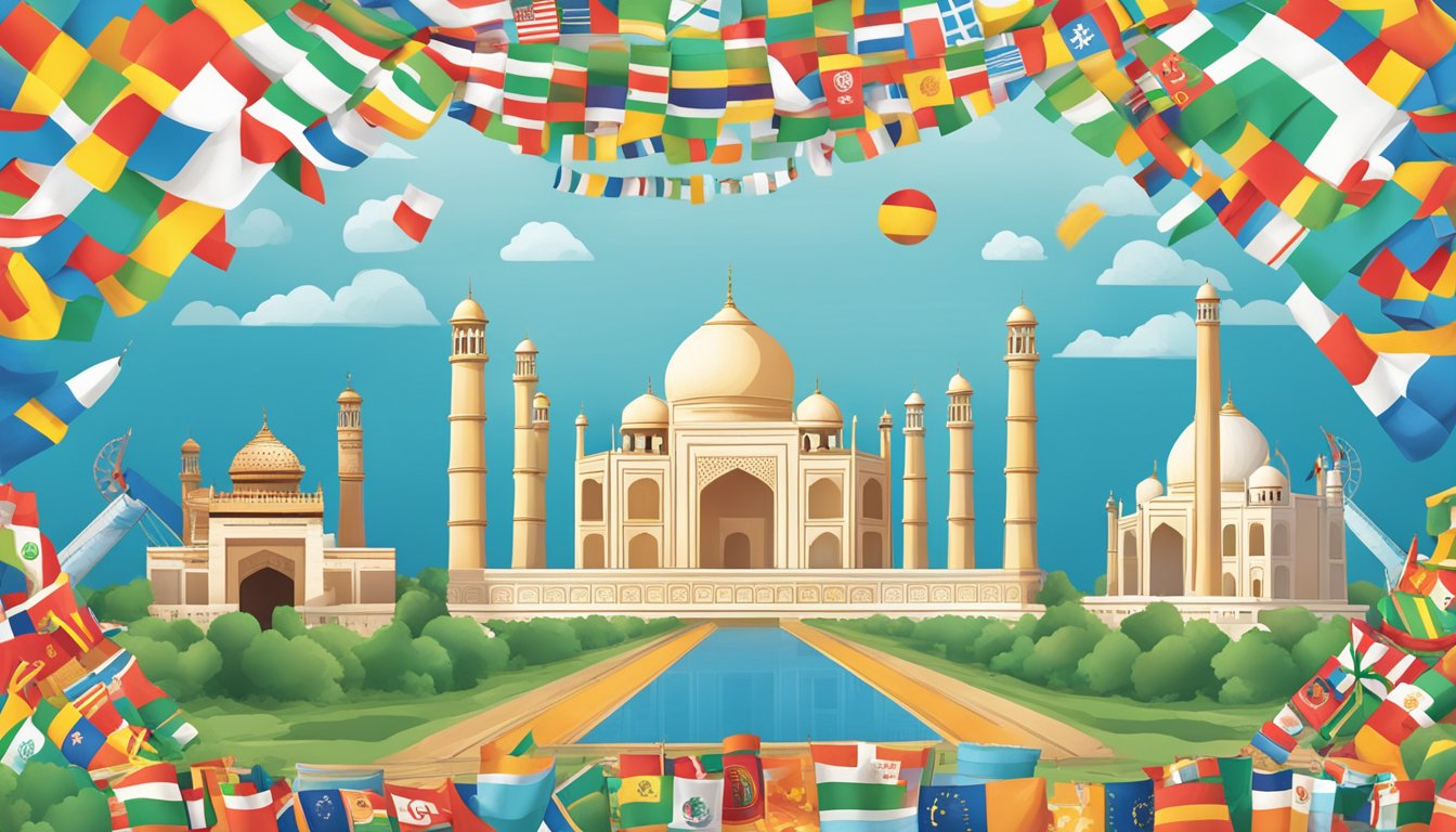 The scene shows various global symbols (e.g. flags, landmarks) surrounding an iconic brand logo, representing the impact of global events on Taj brands