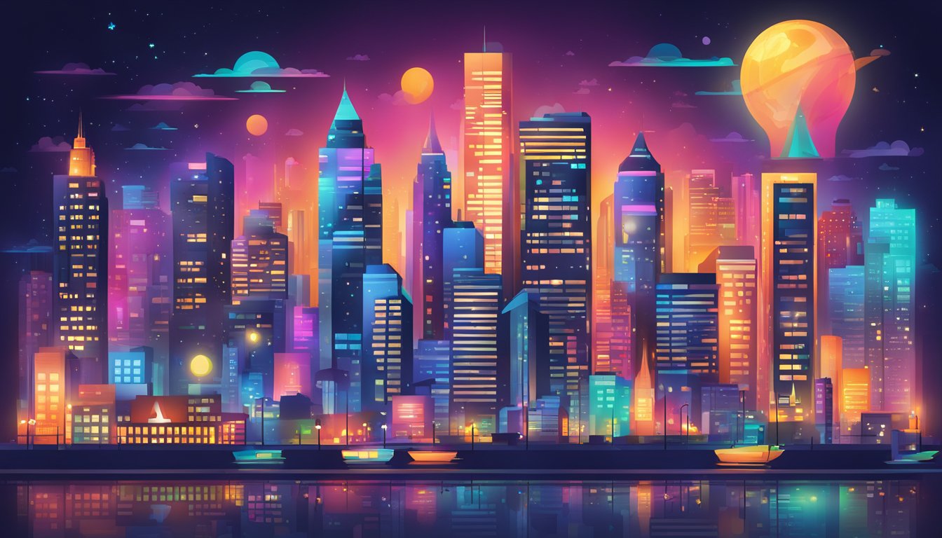 A vibrant city skyline with iconic brand logos shining brightly in the night, capturing the impact of Marketing Mastery and Branding Brilliance on the world