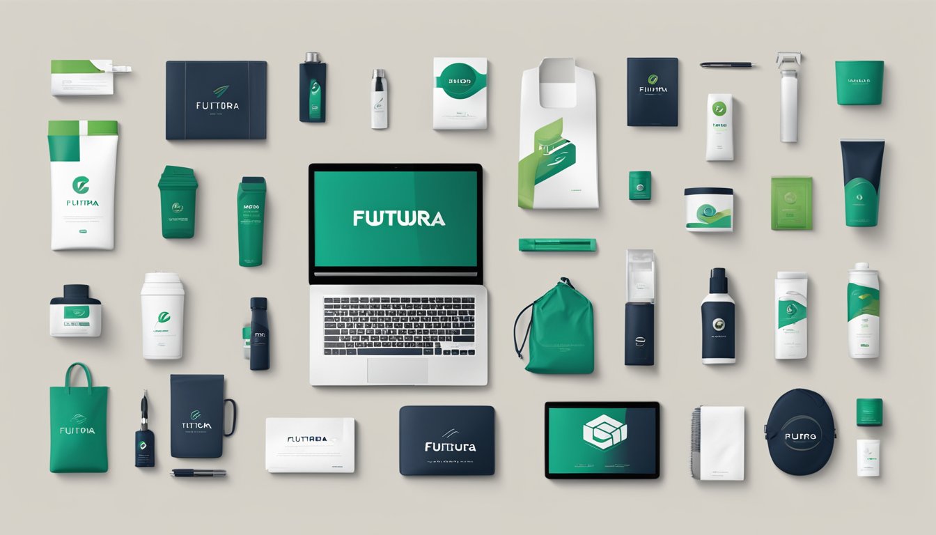 A sleek, modern logo featuring the word "Futura" in bold, clean lines. Surrounding it are various branded products, from packaging to signage, all showcasing the versatility and timeless appeal of the font