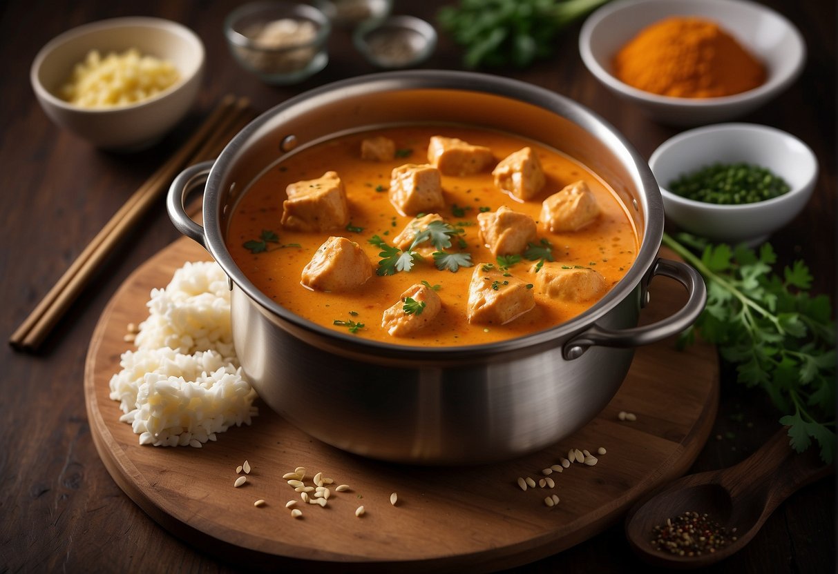A bubbling pot of creamy butter chicken simmers on a stovetop, surrounded by fragrant spices and herbs. A pair of chopsticks rests on the side, ready to serve