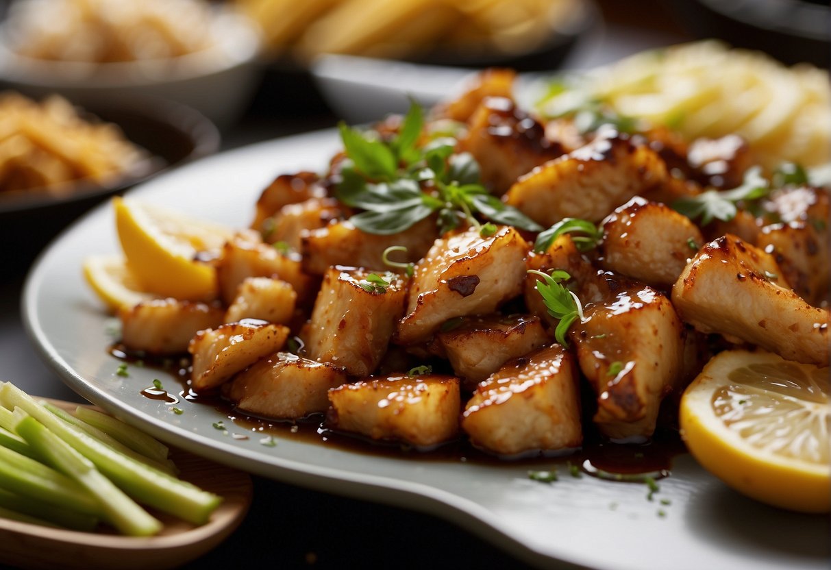 A sizzling wok fries marinated chicken pieces with ginger, garlic, and soy sauce. The aroma of spices fills the air as the chicken turns golden and crispy
