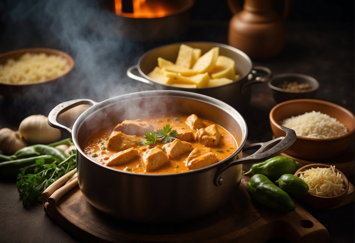 A pot of creamy butter chicken simmers on a stove, surrounded by Chinese spices and ingredients. Substitution options are laid out nearby