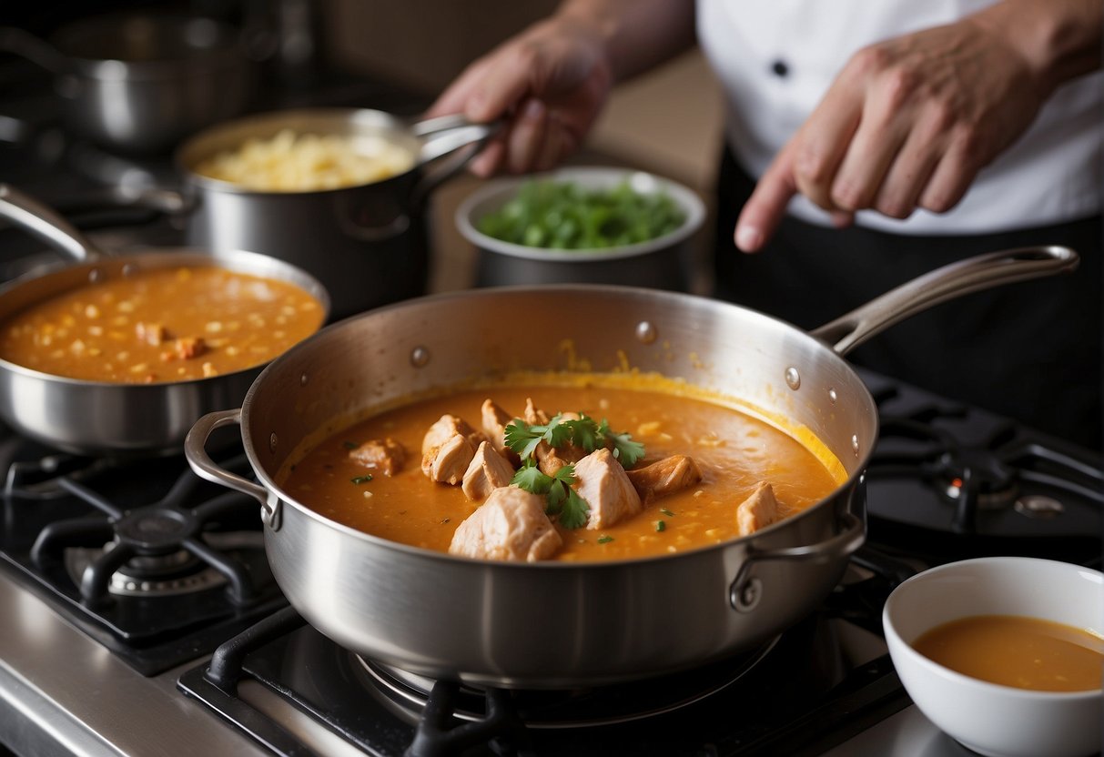 A chef mixes spices into a pot of creamy butter chicken sauce, while a simmering pan of marinated chicken cooks on the stove