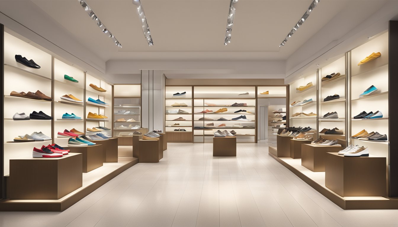 A brightly lit display of Takashimaya shoes brand in a modern, upscale store setting