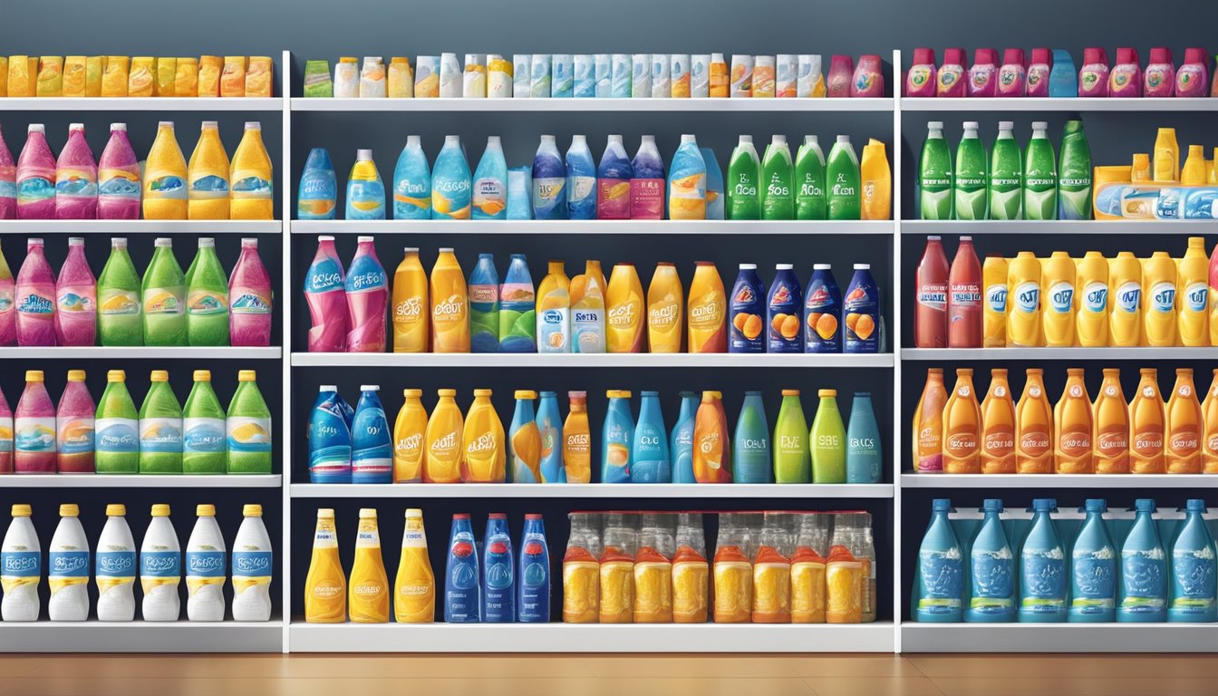 A display of various isotonic drinks brands arranged on shelves in a brightly lit store