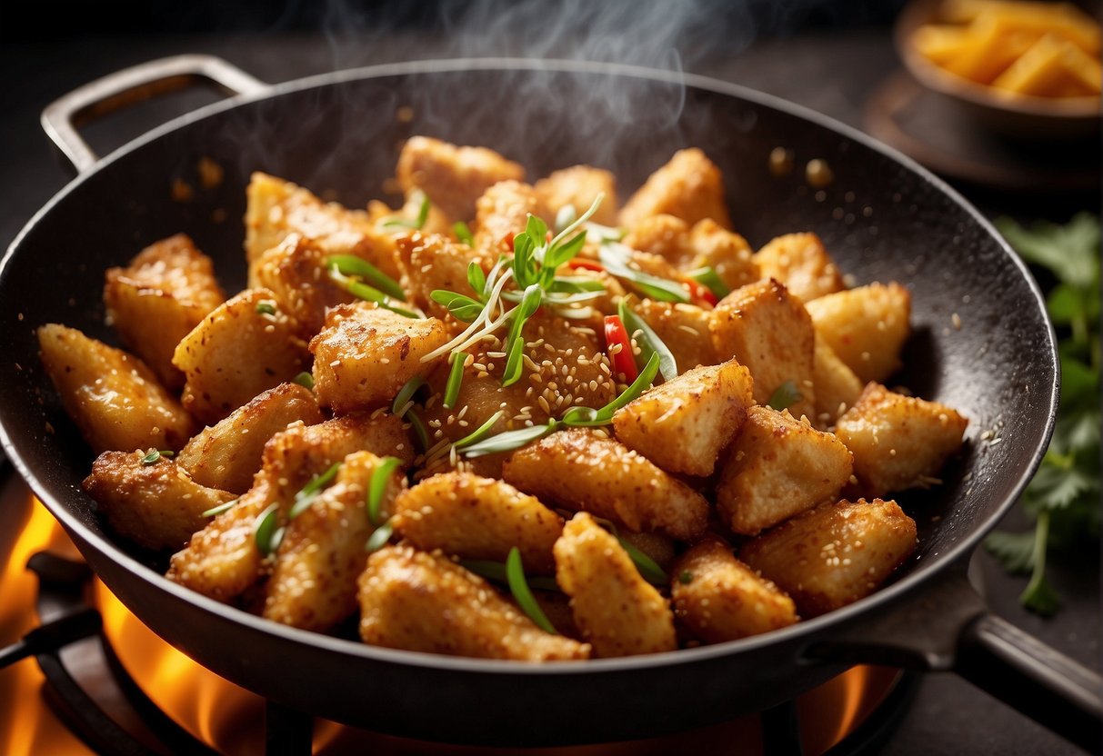 A sizzling wok fries up golden, crispy chicken pieces with a mix of Chinese spices and herbs. The aroma of the cooking fills the air