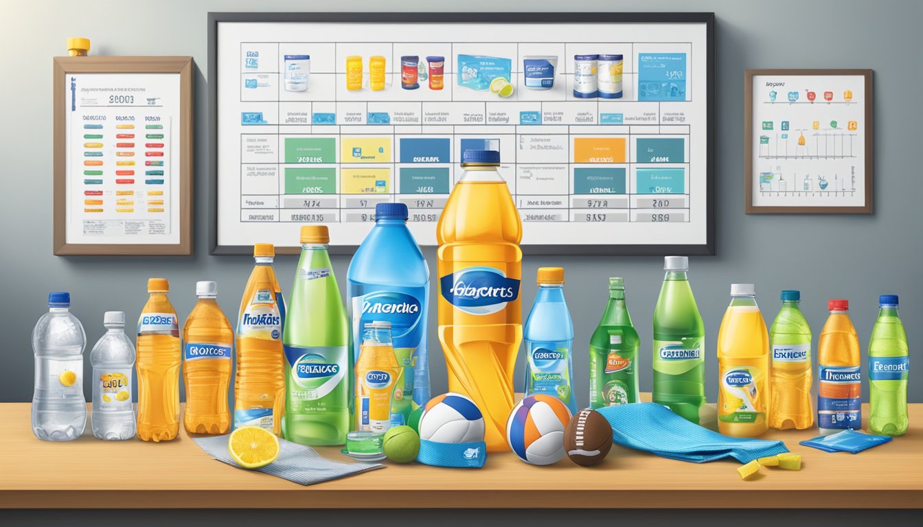 A table with various isotonic drink brands displayed, surrounded by sports equipment and a hydration chart