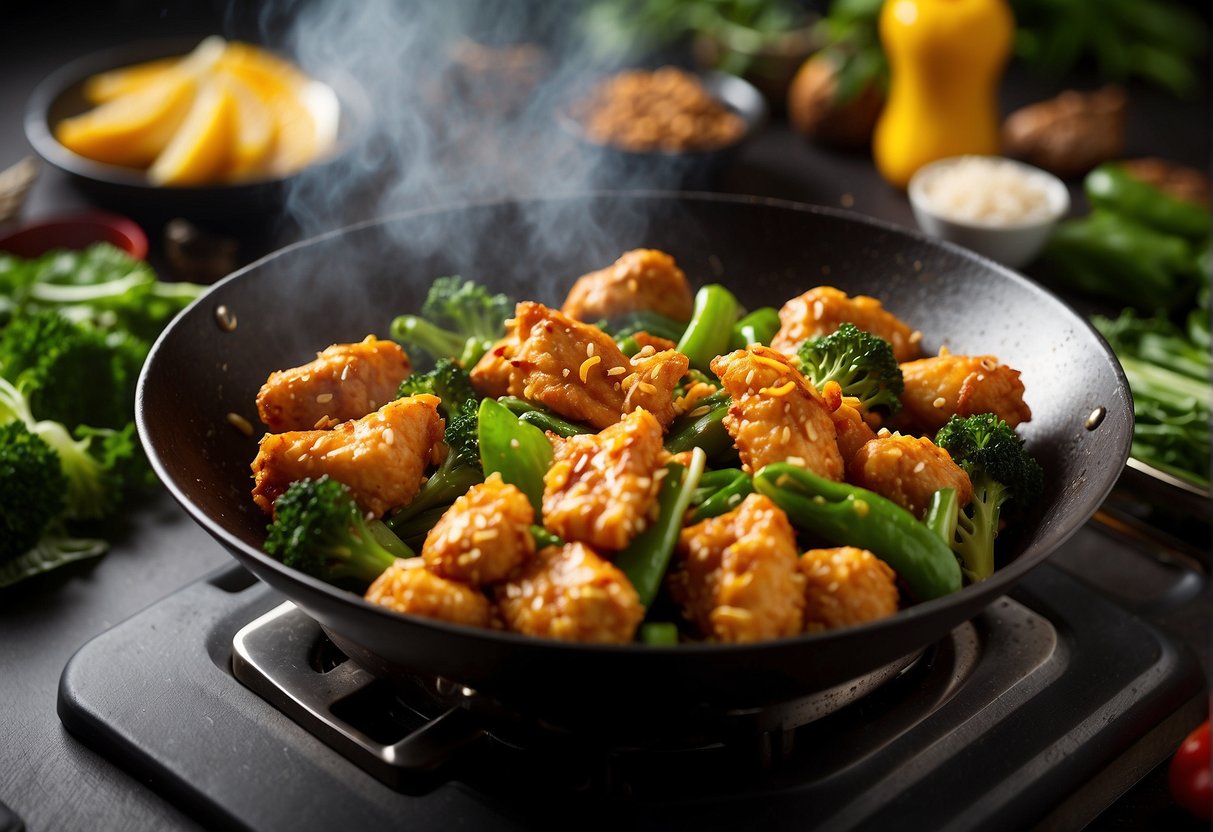 A sizzling wok filled with golden, crispy chicken pieces, surrounded by vibrant green vegetables and aromatic Chinese spices
