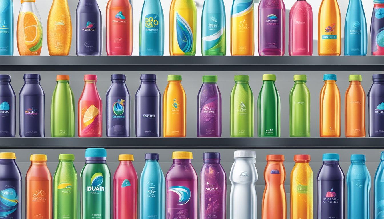 A colorful array of isotonic drink bottles lined up on a sleek, modern display shelf. Bright labels and refreshing imagery distinguish the top brands