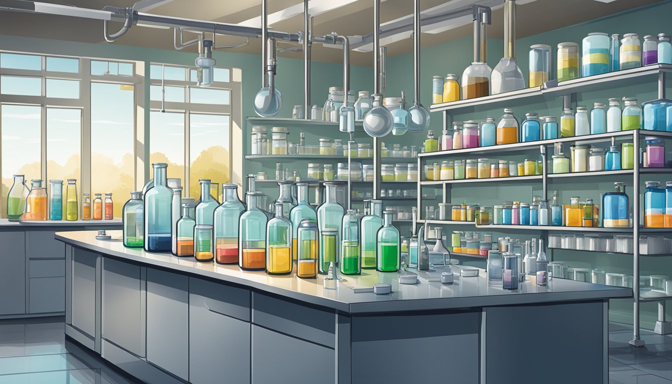 A laboratory setting with beakers, test tubes, and scientific equipment. Isotonic drink bottles and packaging displayed prominently