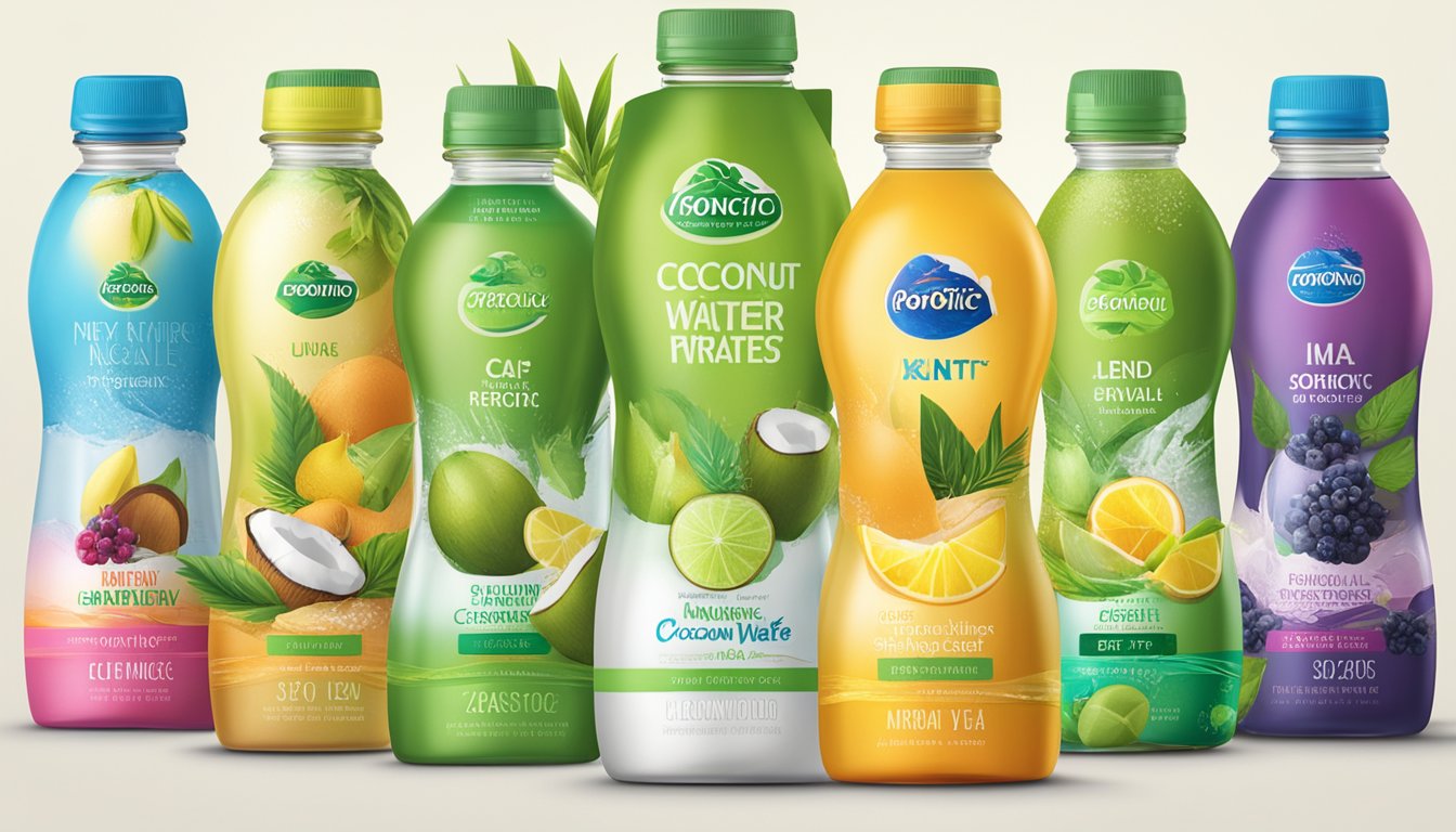 A variety of natural ingredients like coconut water, fruit juices, and herbal extracts are displayed next to isotonic drink brands