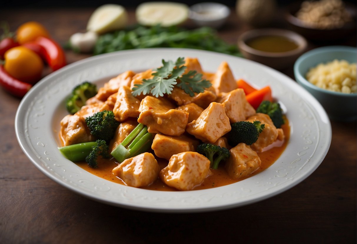 A steaming bowl of creamy butter chicken sits next to a plate of Chinese stir-fried vegetables, creating a colorful and appetizing pairing