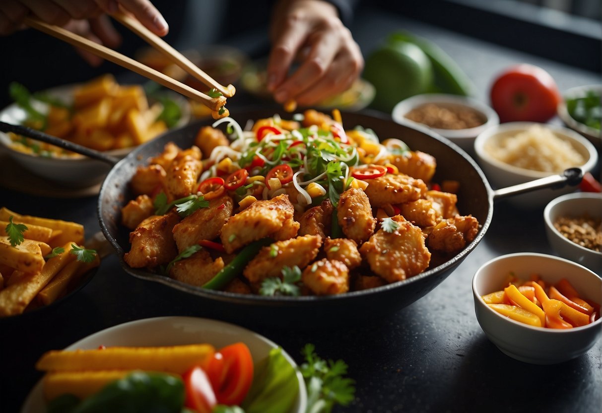 A sizzling wok fries up golden, crispy chicken pieces with aromatic Chinese spices and herbs. A colorful array of fresh vegetables and seasonings wait nearby, ready to be added to the dish