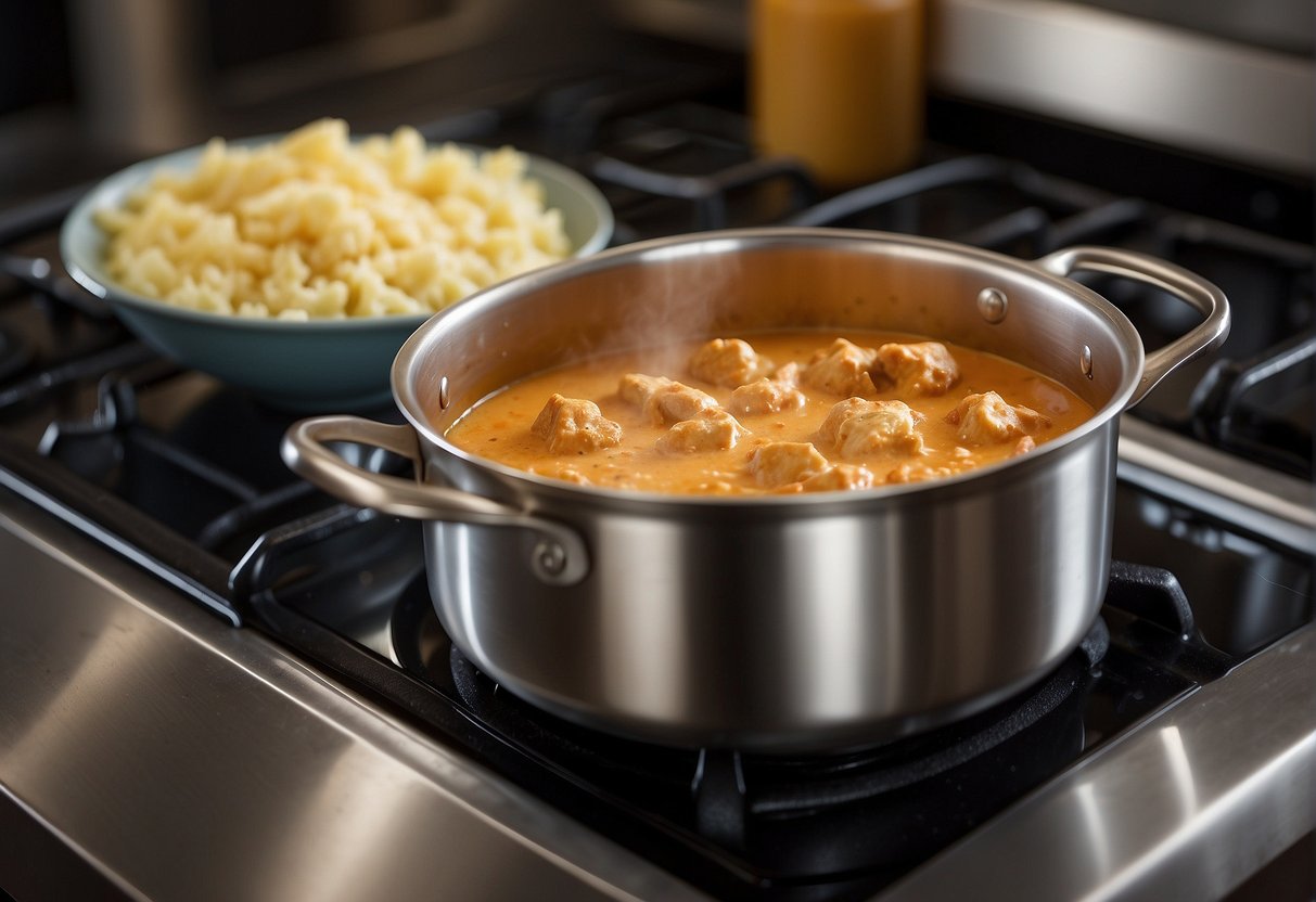 A pot of creamy butter chicken sits on a stovetop, steam rising. A microwave hums in the background as a container of leftovers is heated