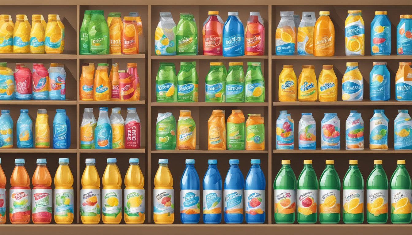 A variety of isotonic drink brands displayed on shelves with clear labels and colorful packaging