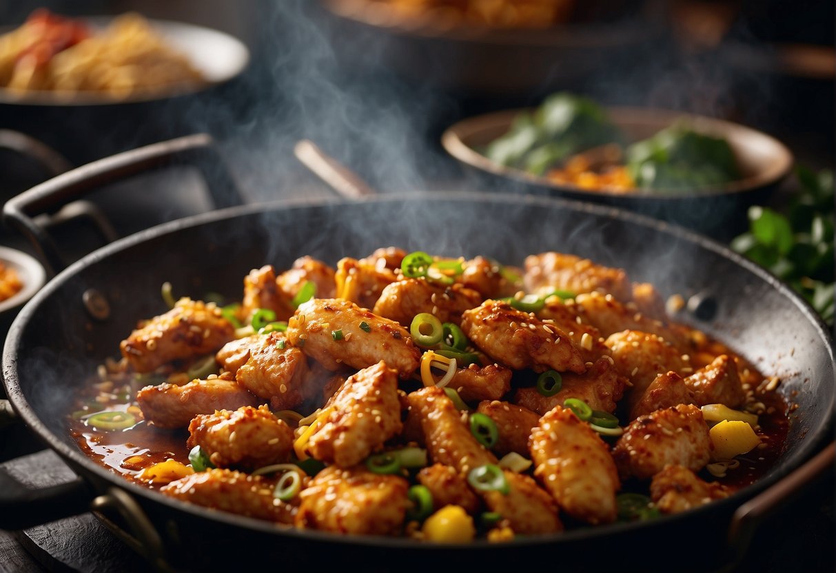 A sizzling wok filled with golden, crispy chicken pieces, surrounded by vibrant Chinese spices and aromatic herbs