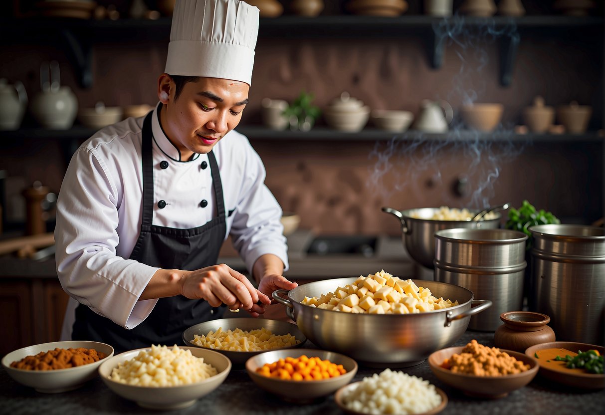 A Chinese chef prepares a creamy butter chicken recipe in a traditional kitchen, surrounded by cultural artifacts and ingredients