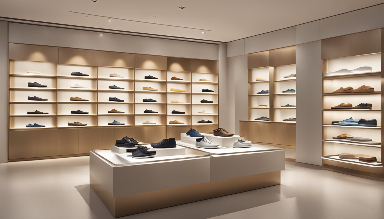 A display of Signature Collections Takashimaya shoes in a sleek, modern setting with soft lighting and minimalist decor
