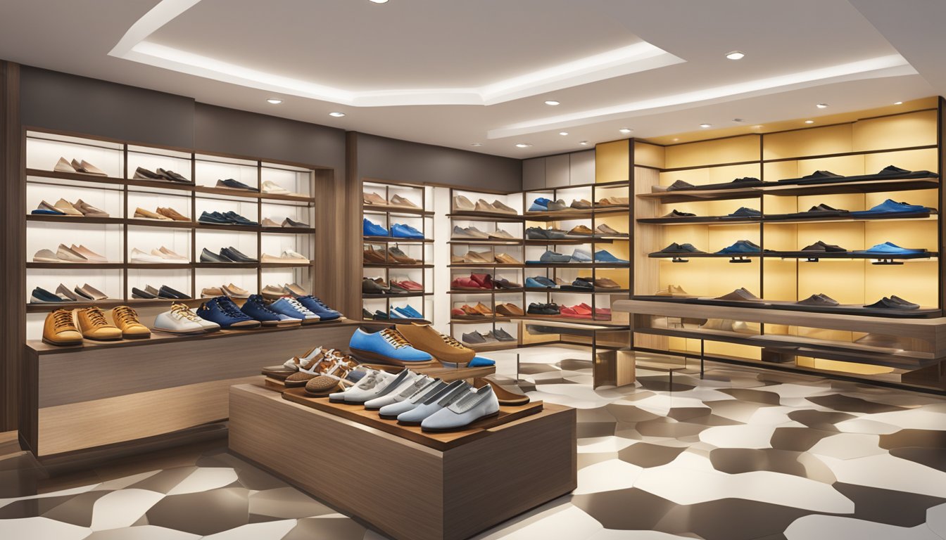 A display of Takashimaya shoes brand at Beyond Footwear, showcasing various styles and colors in an organized and appealing manner