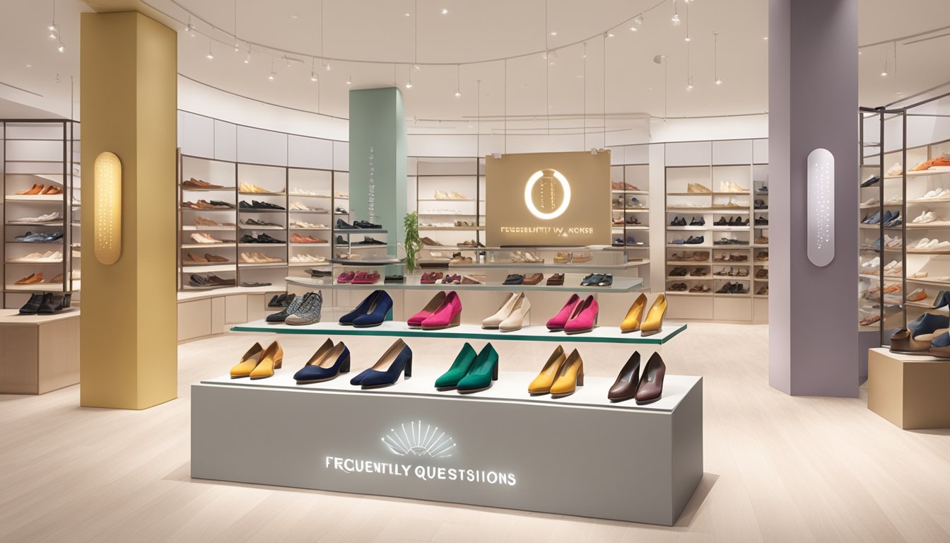 A display of Takashimaya shoes with a sign reading "Frequently Asked Questions" above, showcasing the brand's products