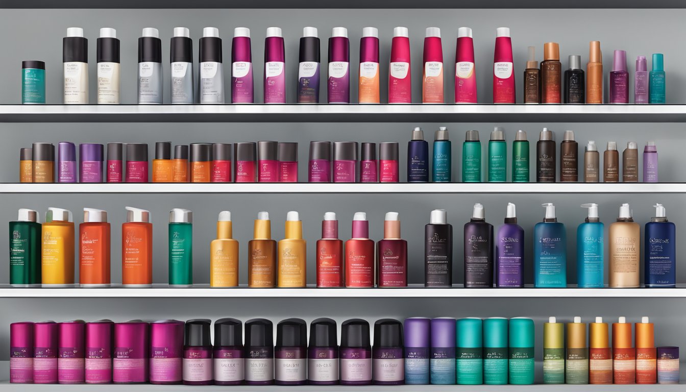 Vibrant Italian hair color brands displayed on a sleek, modern shelf. Rich hues and elegant packaging catch the eye