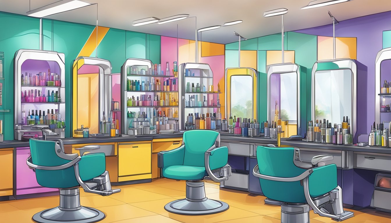 Vibrant hair color tubes and modern machinery in an Italian salon lab