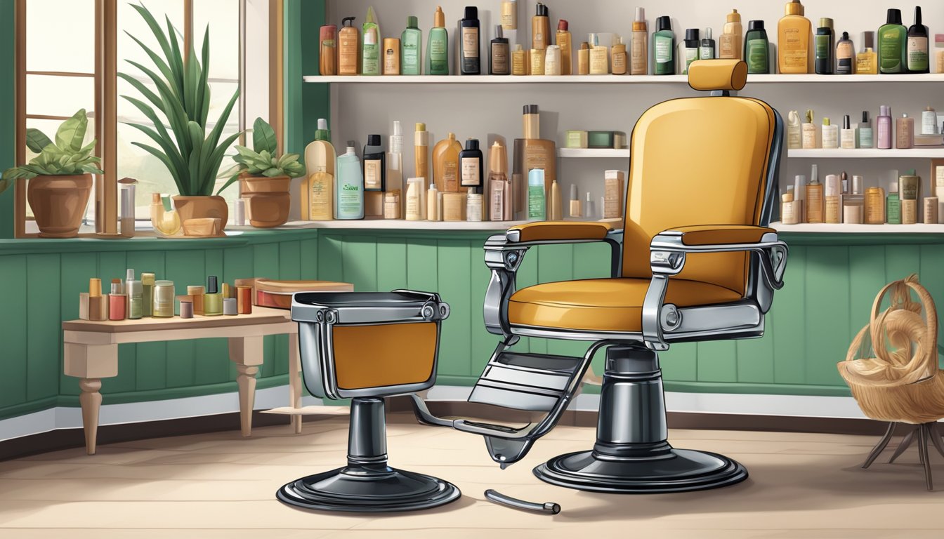 A salon chair with Italian hair color products displayed, surrounded by Italian-themed decor