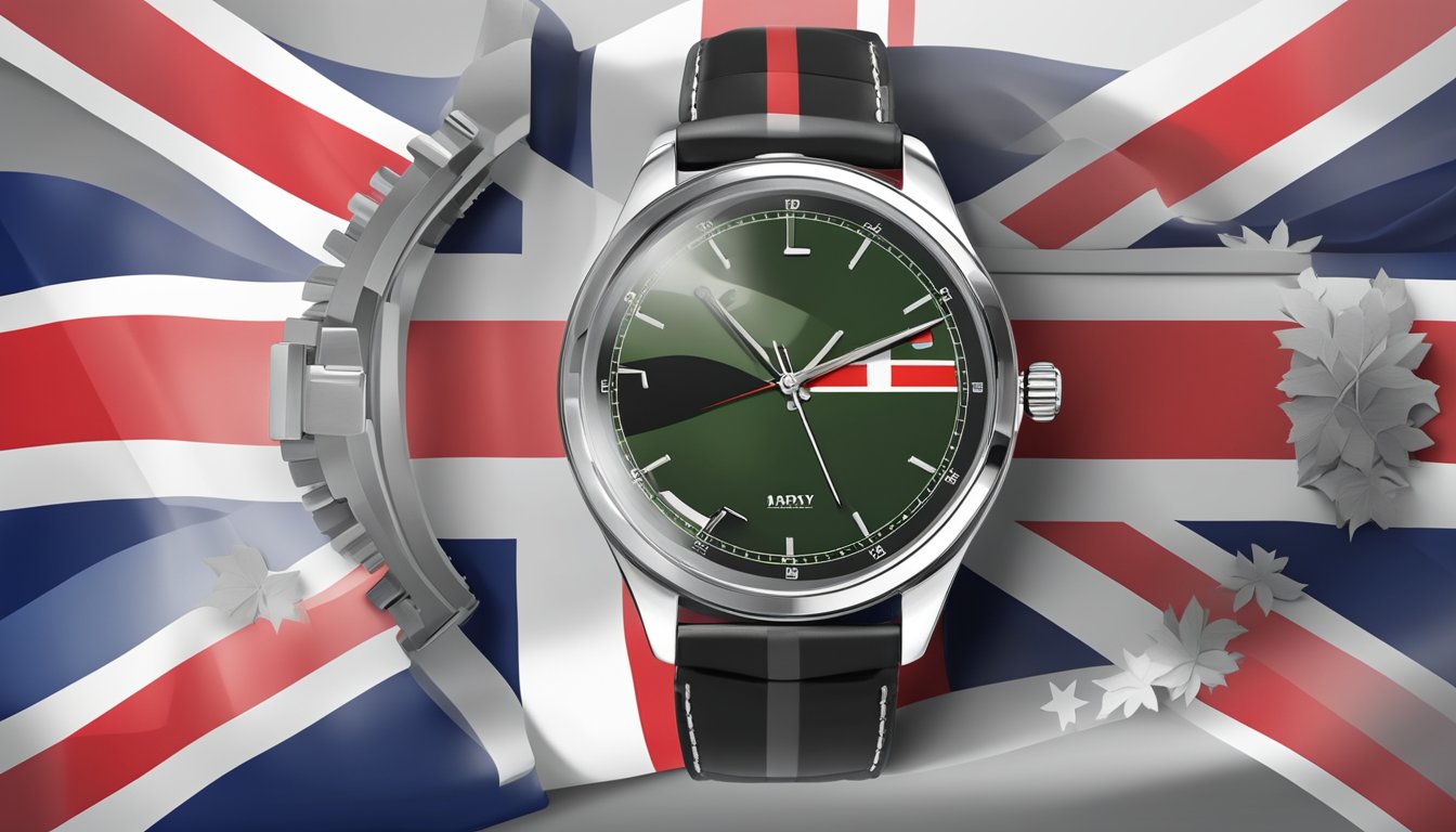 A sleek, modern watch with the British army emblem, set against a backdrop of the Union Jack flag