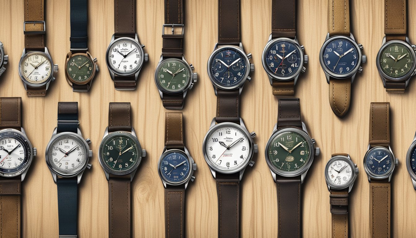 A row of iconic British military watches displayed on a rustic wooden table, showcasing the heritage and craftsmanship of the esteemed army watch brand