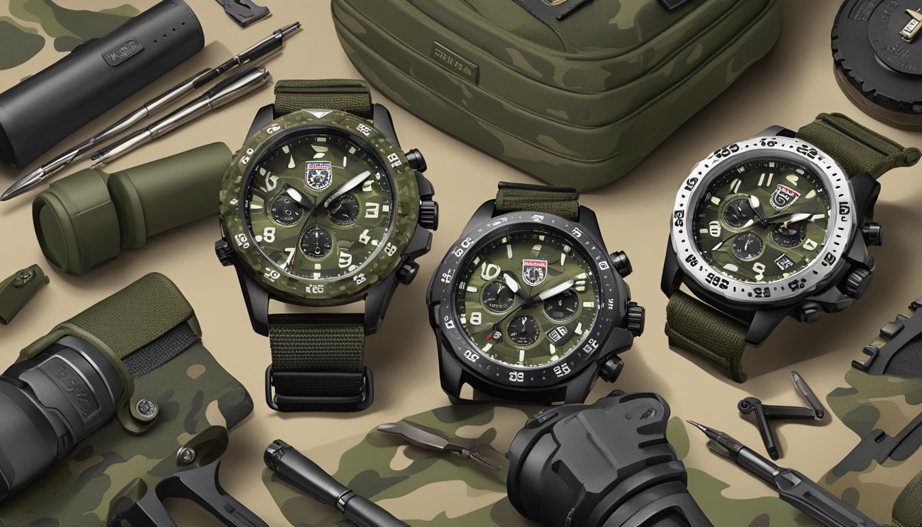 A British army watch brand logo prominently displayed on a rugged, military-inspired timepiece, surrounded by camo gear and tactical equipment