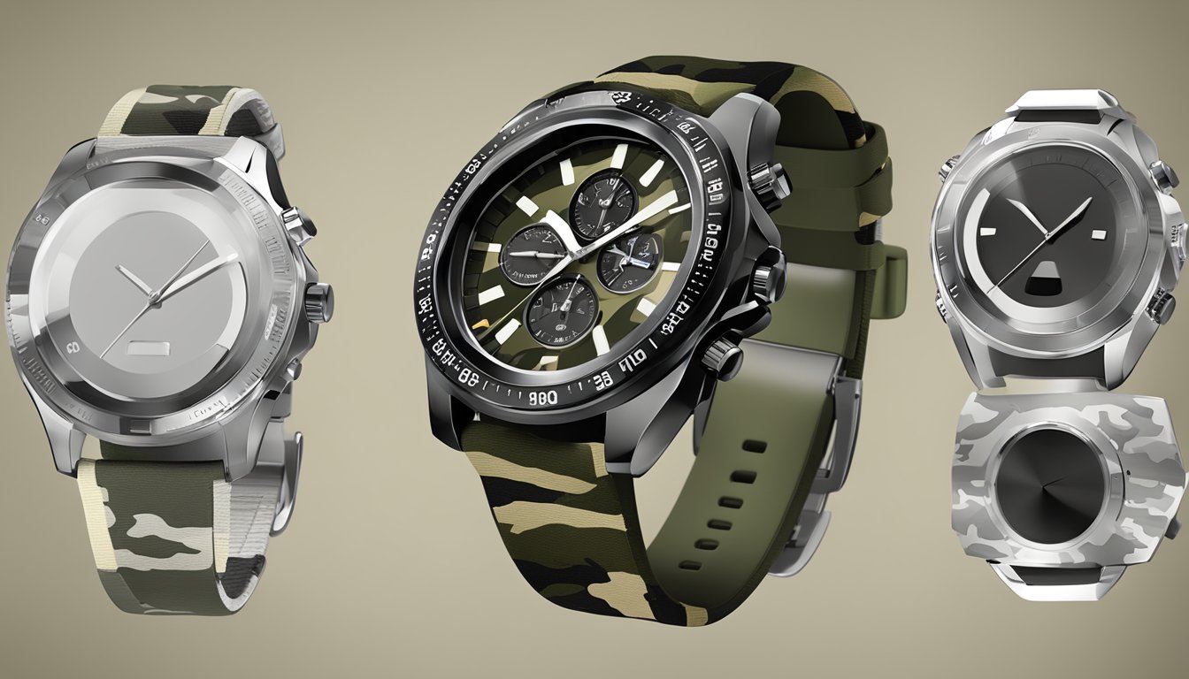 A sleek, high-tech British army watch with advanced features and modern design, set against a backdrop of military insignia and camouflage patterns