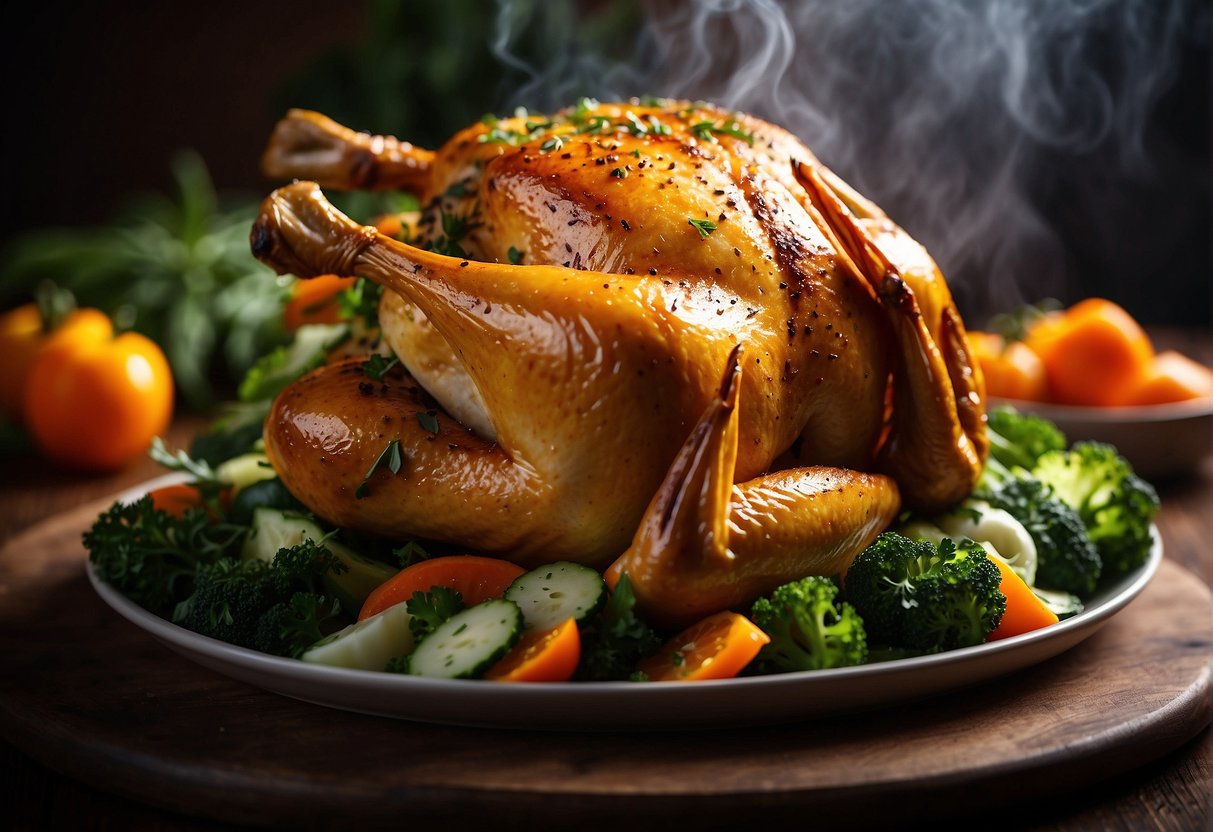 Golden roast chicken on a bed of herbs and vegetables, steam rising from the crispy skin