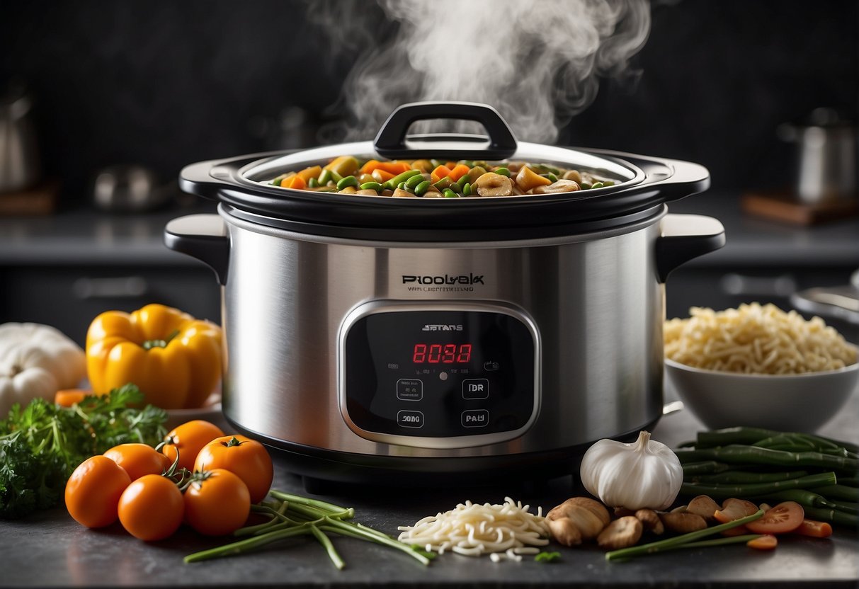 A crockpot filled with savory Chinese ingredients simmers on a kitchen counter, steam rising and aromatic scents filling the air