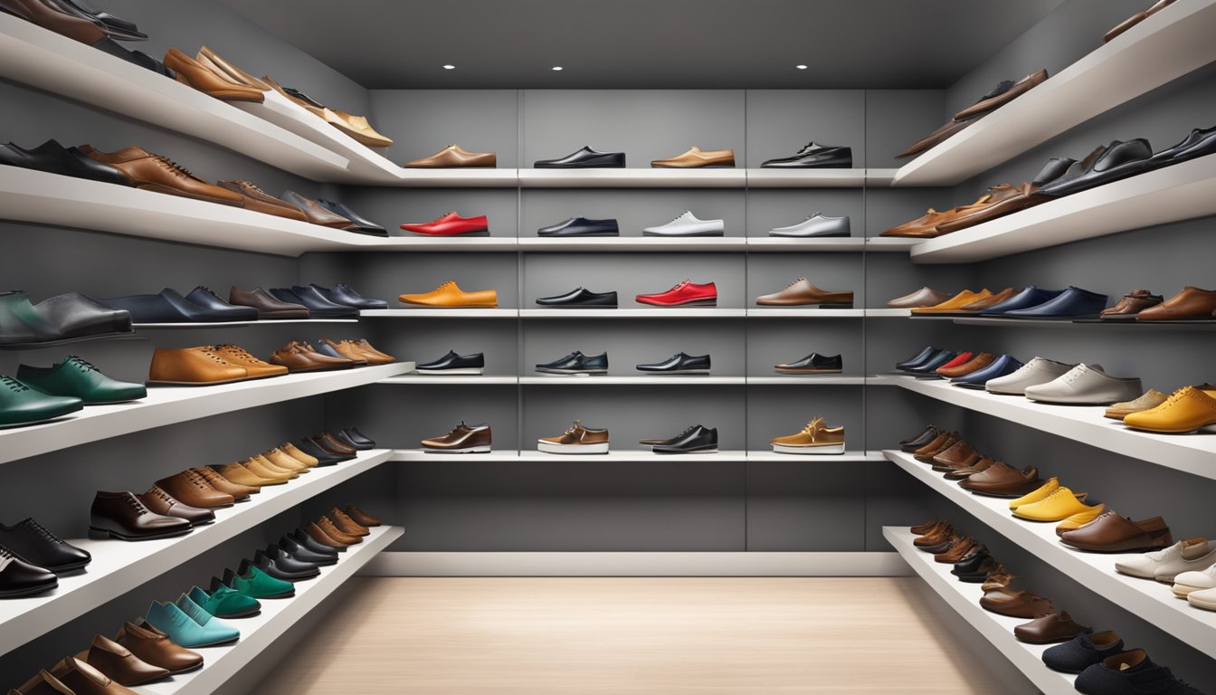 A display of Italian shoe brands arranged on a sleek, modern shelf in a high-end boutique. Rich leather, vibrant colors, and elegant designs catch the eye