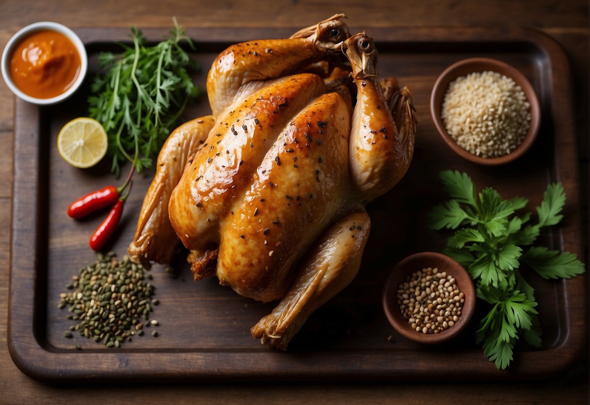 A whole crispy Chinese roast chicken surrounded by aromatic herbs and spices on a rustic wooden cutting board