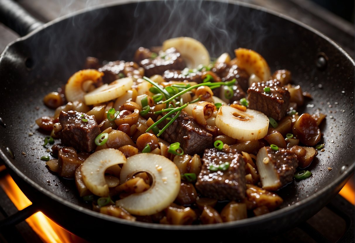 Sizzling beef and onions in a wok with soy sauce and spices