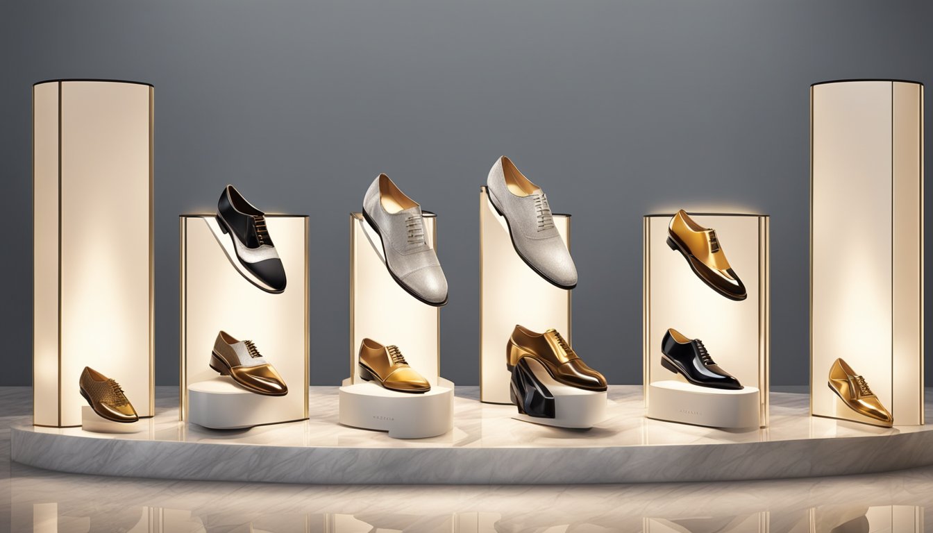 A display of elegant Italian shoe brands on a polished marble pedestal. Bright spotlight illuminates the exquisite craftsmanship and luxurious materials