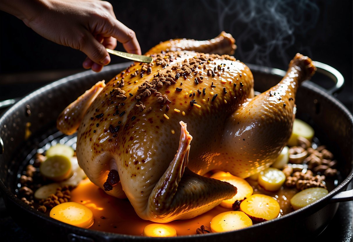 A whole chicken being marinated with soy sauce, honey, ginger, and garlic. Then, it's being rubbed with a spice mixture and placed in the oven to roast until golden and crispy
