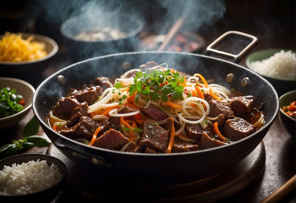 A sizzling wok filled with thinly sliced beef and onions, surrounded by traditional Chinese spices and herbs. A waft of savory aroma fills the air, symbolizing the cultural significance of this classic recipe